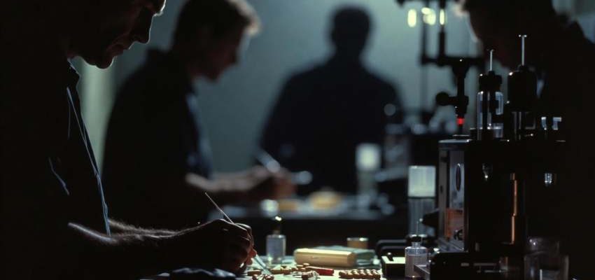 Sötét laboratóriumi környezetben árnyékos figurák vizsgálják a doppinganyagokat, tablettákat és injekciós ampullákat tartalmazó asztalt, szimbolizálva a sportbeli doppingolás rejtett veszélyeit.