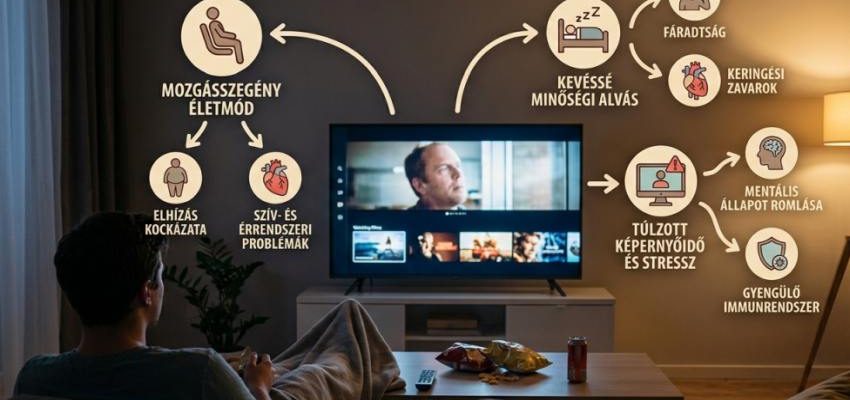Egy sötét nappaliban kanapén ülő férfi online filmet néz a televízión, miközben körülötte infografikaszerű ikonok és feliratok szemléltetik a mozgásszegény életmód, a kialvatlanság és a túlzott képernyőidő egészségügyi kockázatait (például elhízás, szívproblémák, mentális romlás).