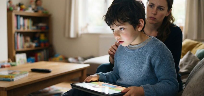 Egy kisfiú otthon a kanzén ülve egy táblagépen néz online filmet, miközben édesanyja figyelmesen és kissé aggódva ül mögötte.